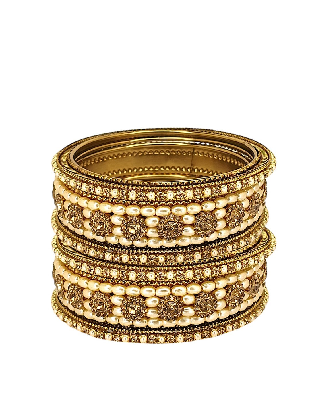 Set Of 6 Gold Plated Beads Embellished Traditional Bangle Set