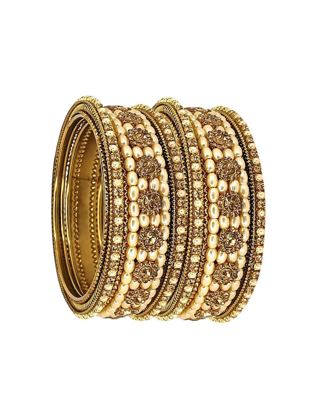 Set Of 6 Gold Plated Beads Embellished Traditional Bangle Set