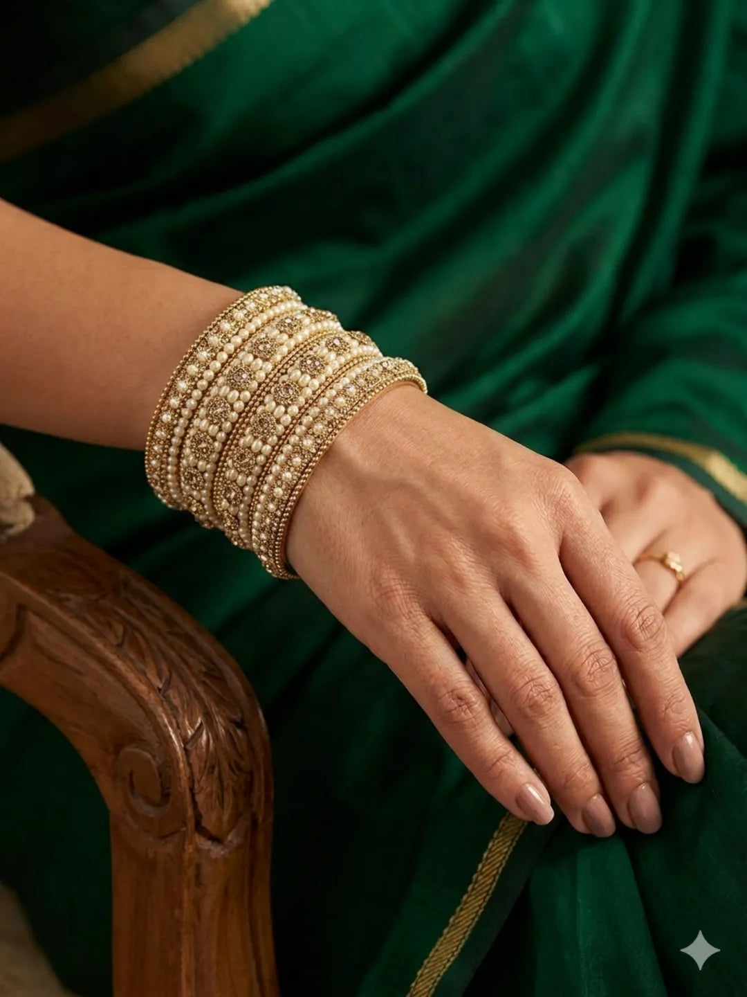 Set Of 6 Gold Plated Beads Embellished Traditional Bangle Set