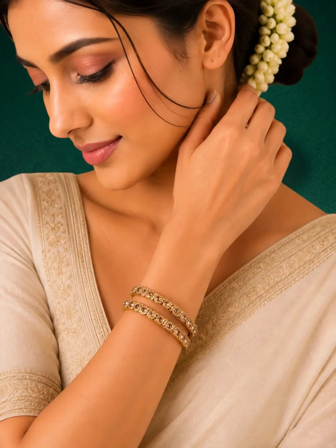 Antique Gold Plated Set Of 2 Champagne CZ Bangles