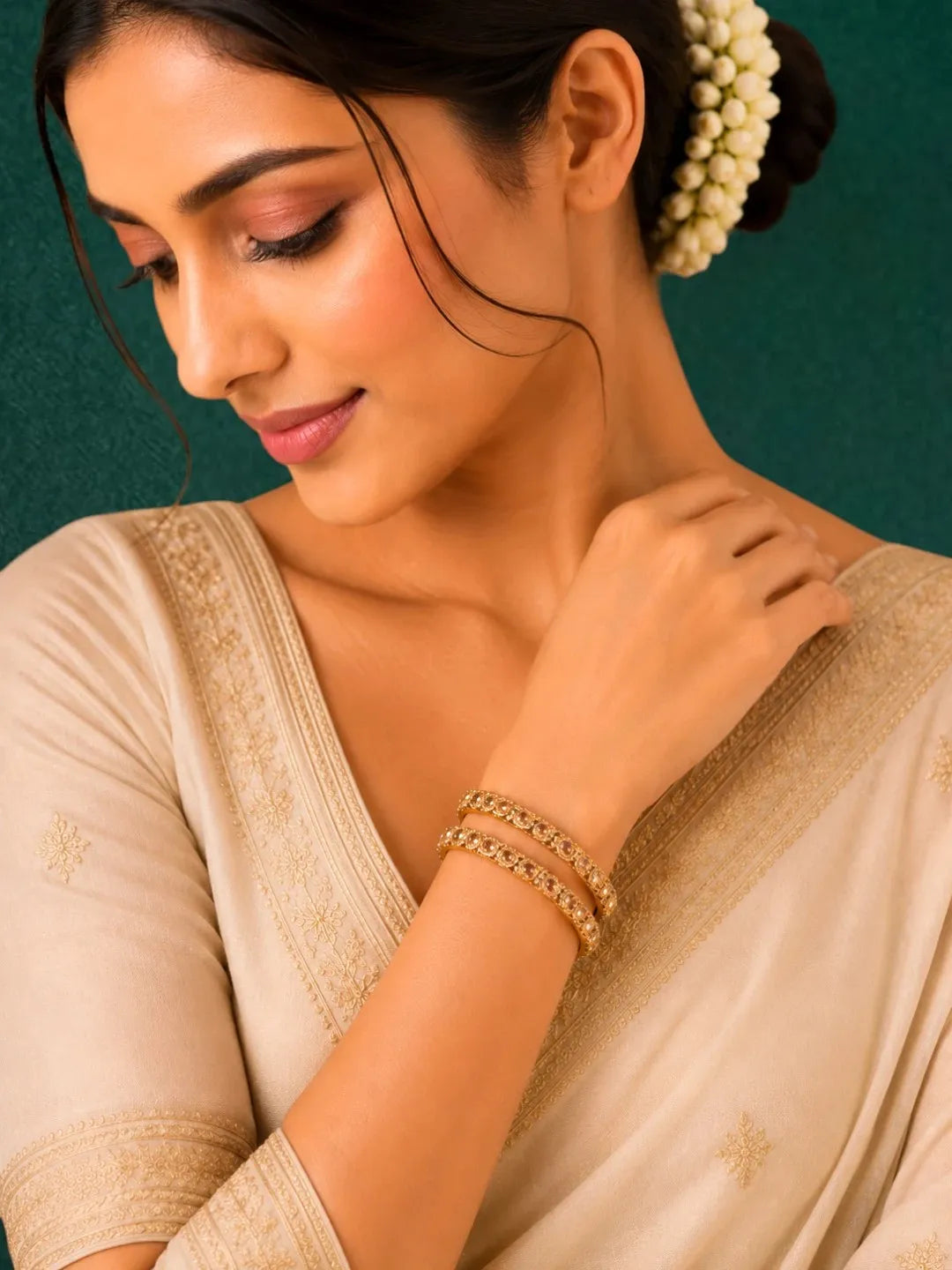 Antique Gold Plated Set Of 2 Champagne CZ Bangles