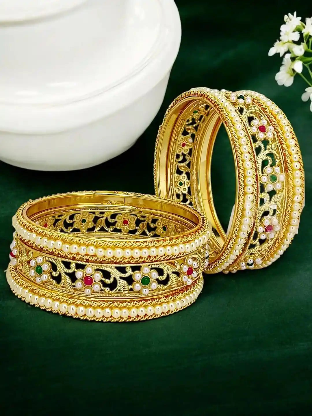 Set of 6 Gold-Plated Floral White Bead Chuda Set