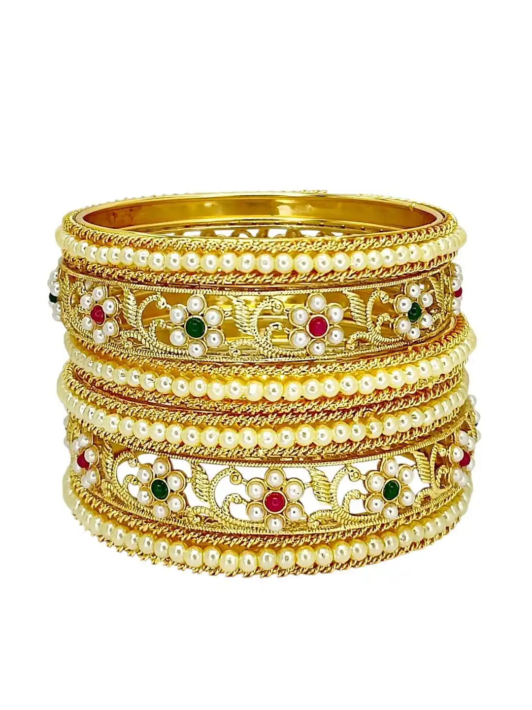 Set of 6 Gold-Plated Floral White Bead Chuda Set