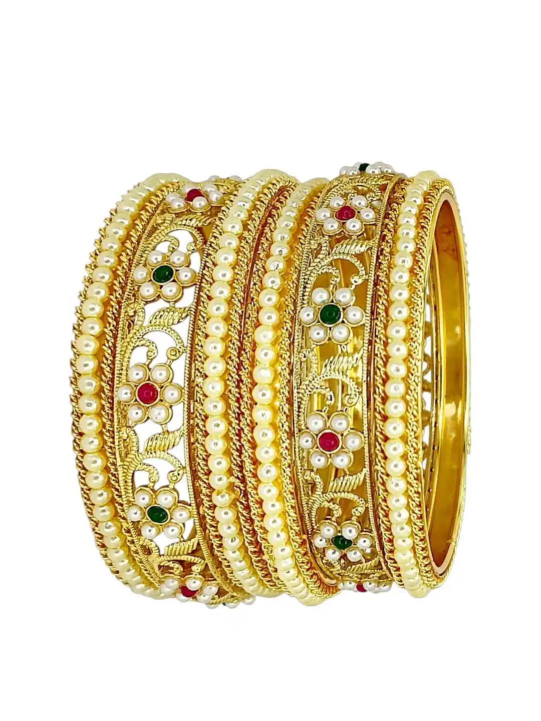 Set of 6 Gold-Plated Floral White Bead Chuda Set