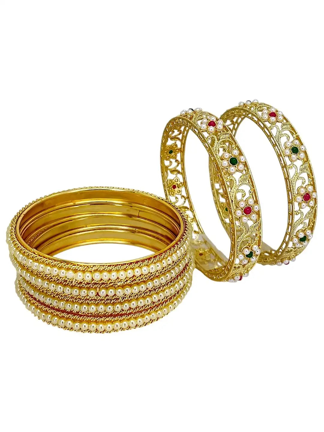 Set of 6 Gold-Plated Floral White Bead Chuda Set