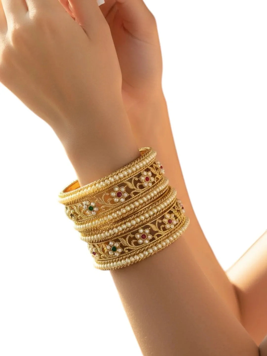 Set of 6 Gold-Plated Floral White Bead Chuda Set