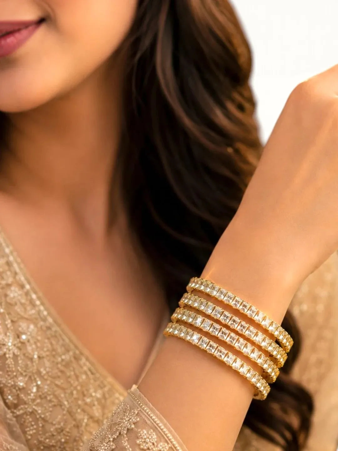 Set Of 4 Gold Plated Princess Cut American Diamond Bangles