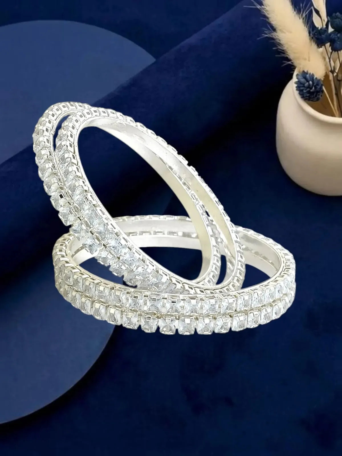 Set Of 4 Silver Plated Princess Cut American Diamond Bangles