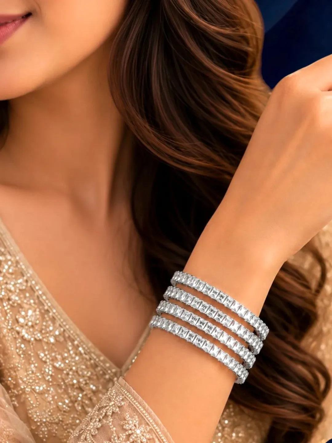 Set Of 4 Silver Plated Princess Cut American Diamond Bangles