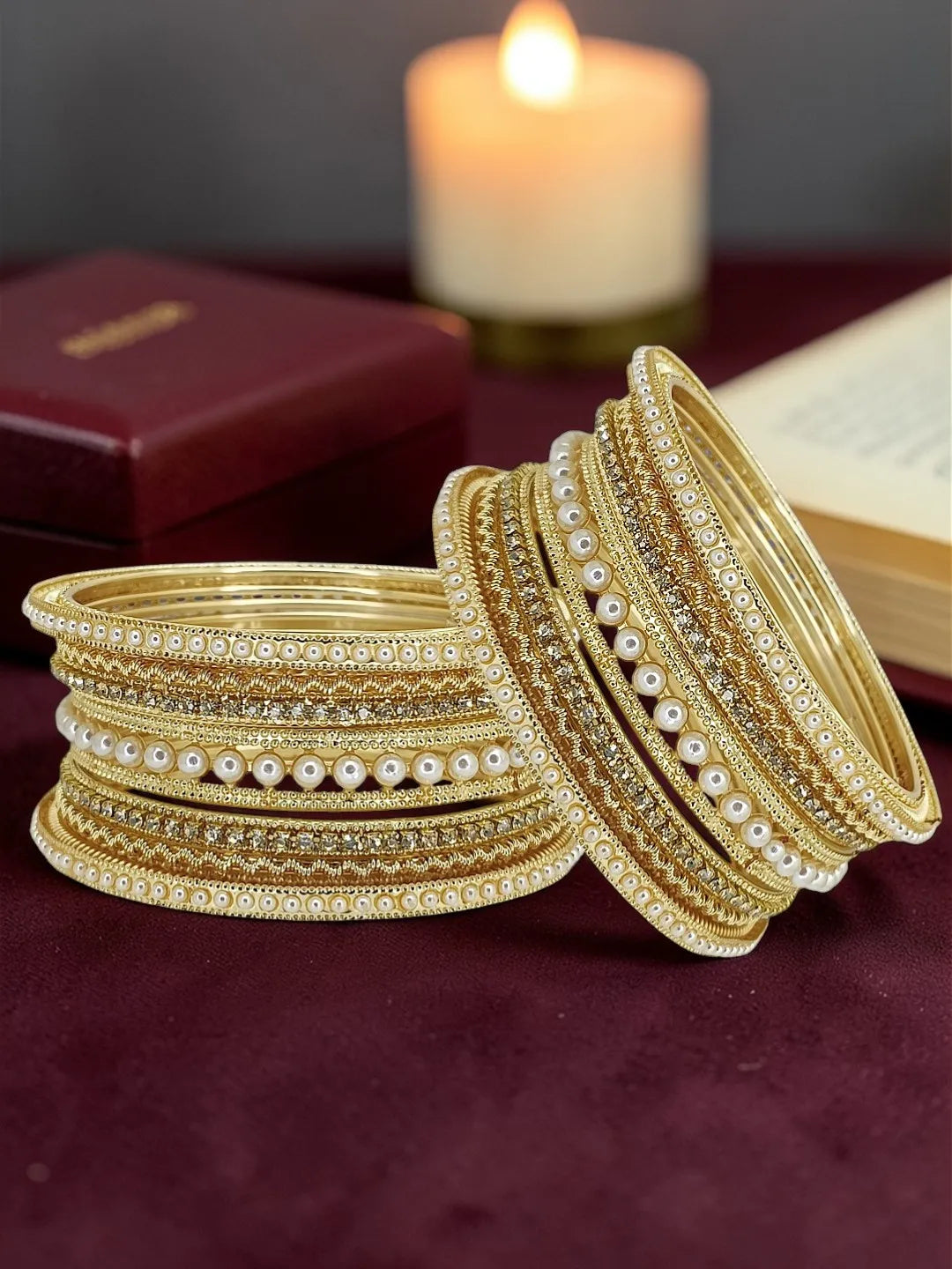 Gold Toned Set Of 14 CZ Embellished Bridal Bangle Set