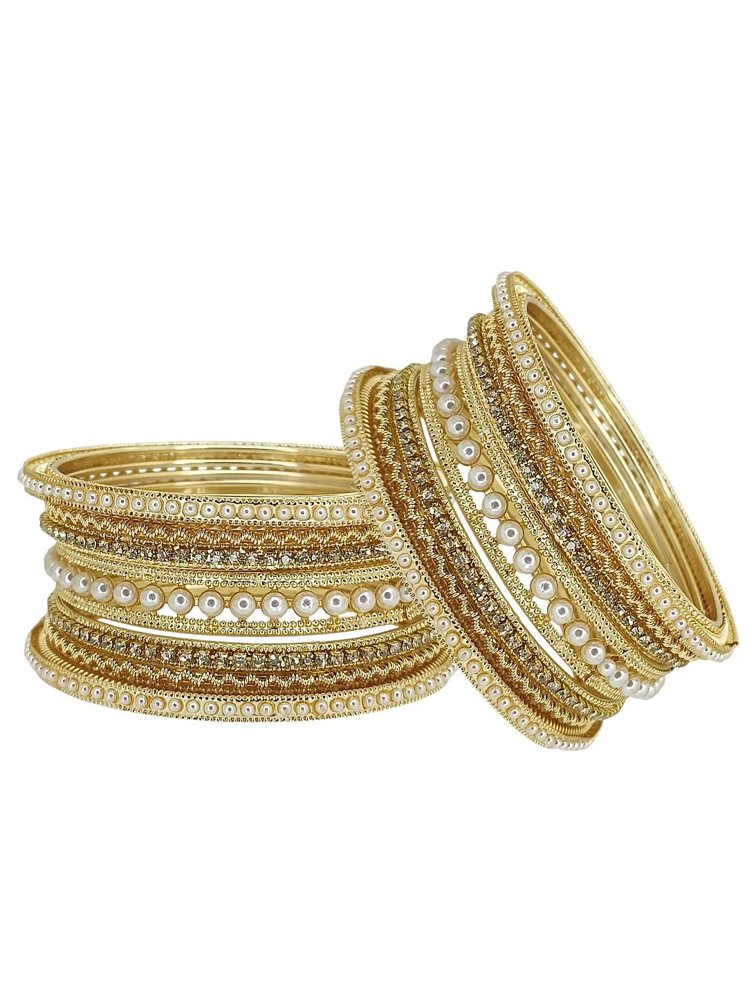 Gold Toned Set Of 14 CZ Embellished Bridal Bangle Set