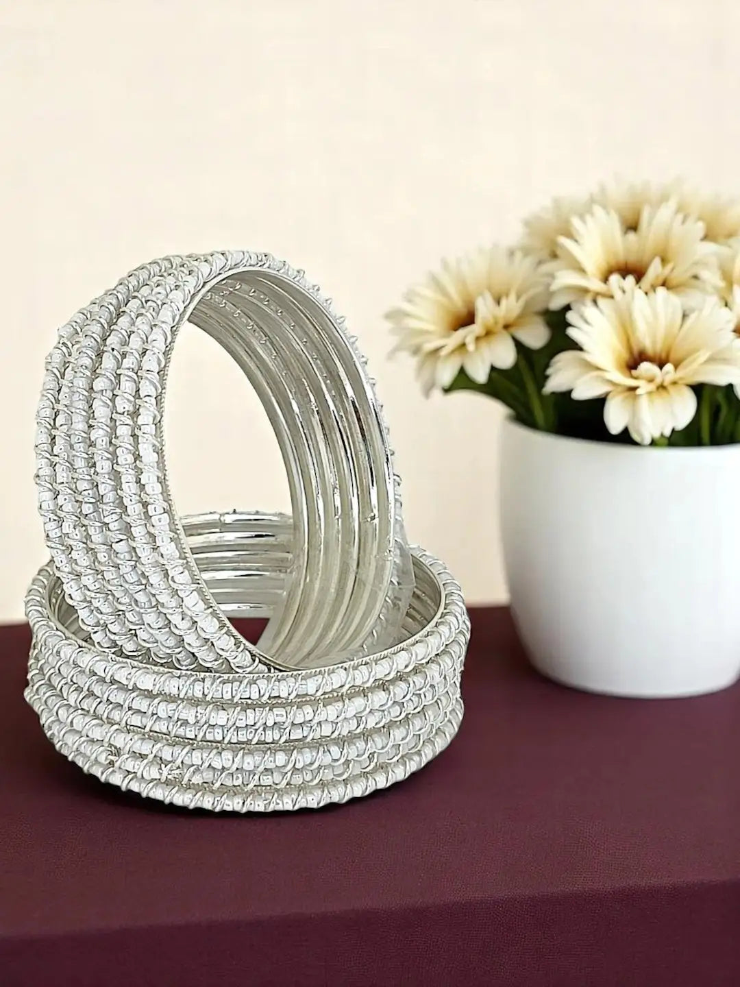 Set Of 12 Silver Plated Beads Studded Bangle Set