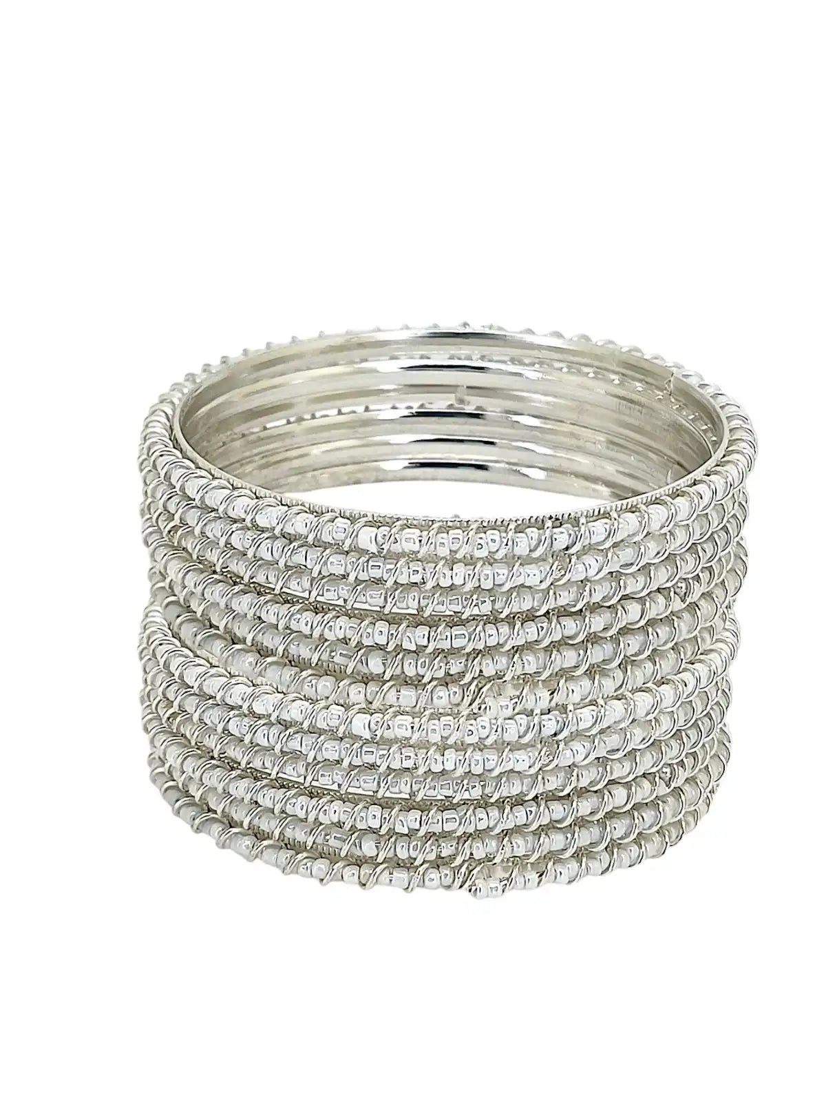 Set Of 12 Silver Plated Beads Studded Bangle Set