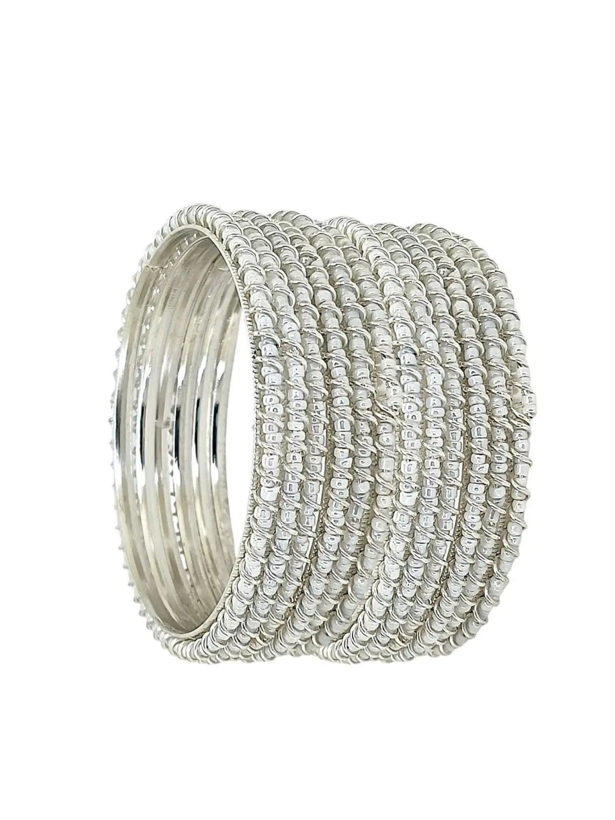 Set Of 12 Silver Plated Beads Studded Bangle Set