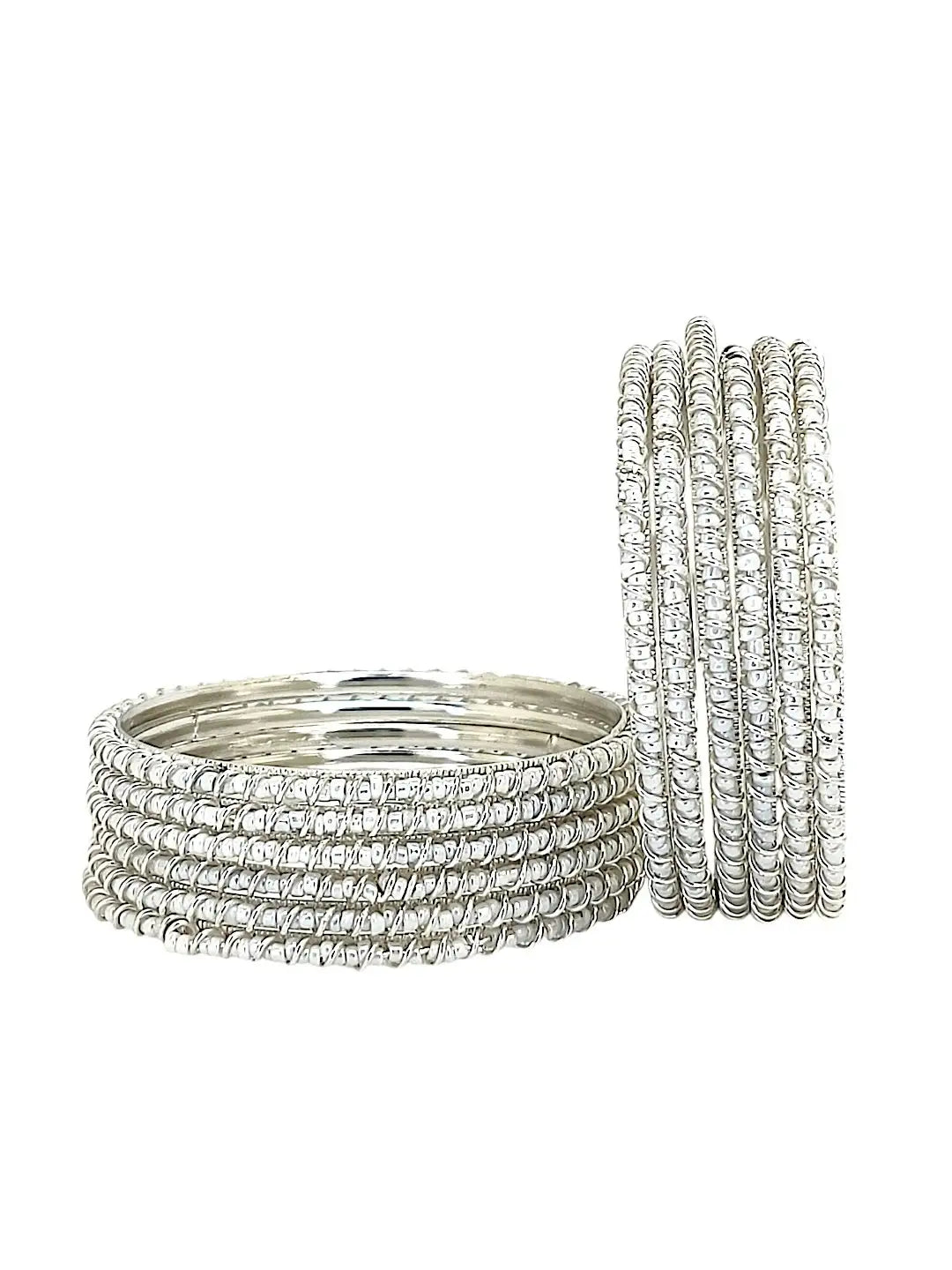 Set Of 12 Silver Plated Beads Studded Bangle Set