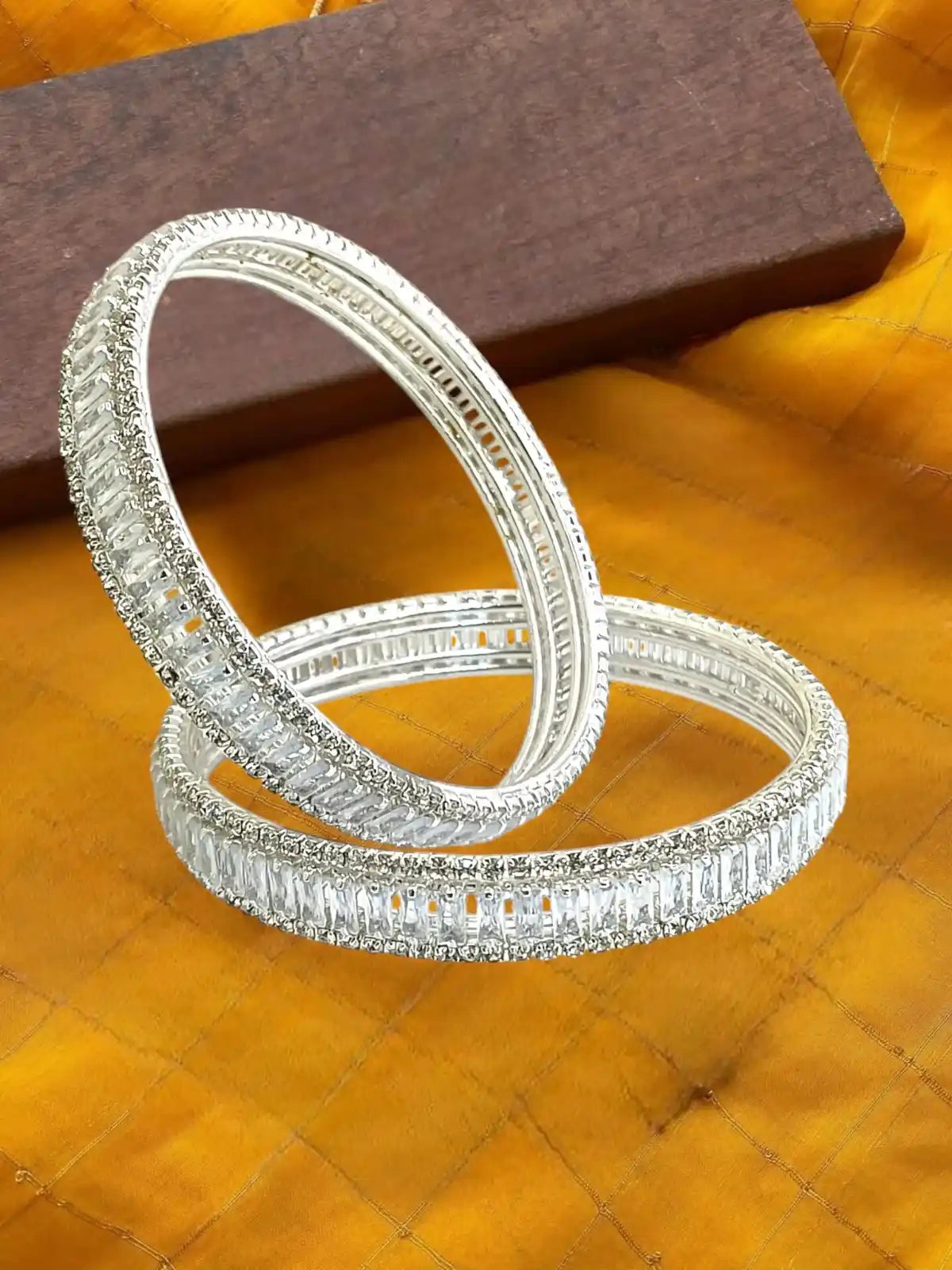 Silver Plated Set Of 2 Baguette American Diamond Kada Bangles