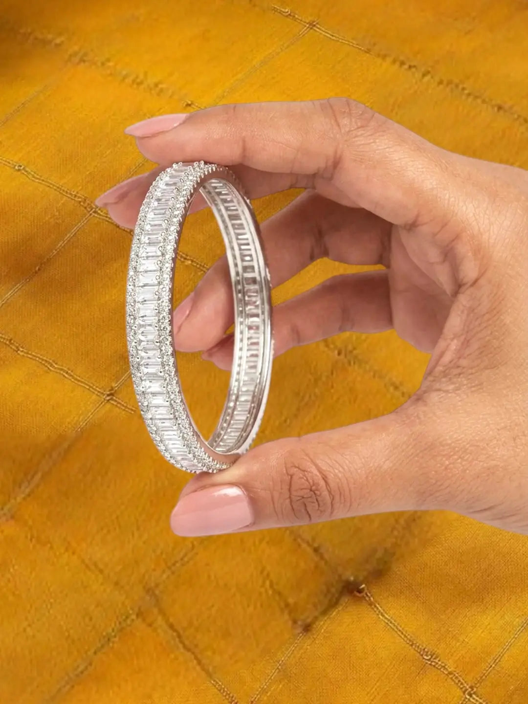 Silver Plated Set Of 2 Baguette American Diamond Kada Bangles