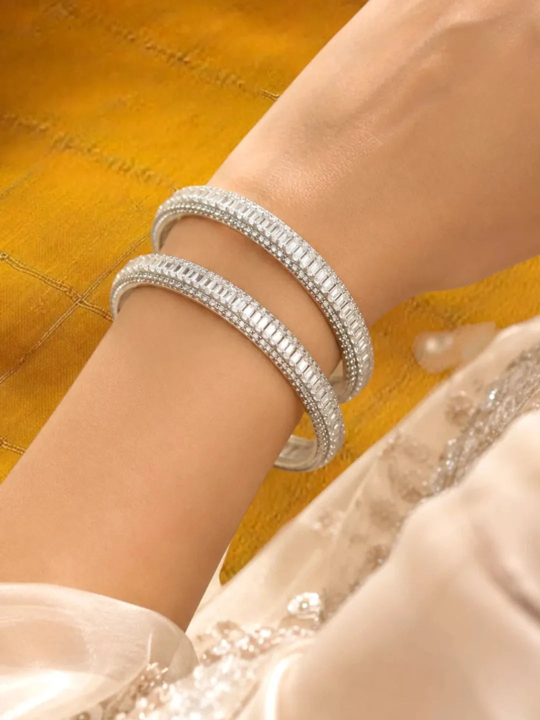 Silver Plated Set Of 2 Baguette American Diamond Kada Bangles