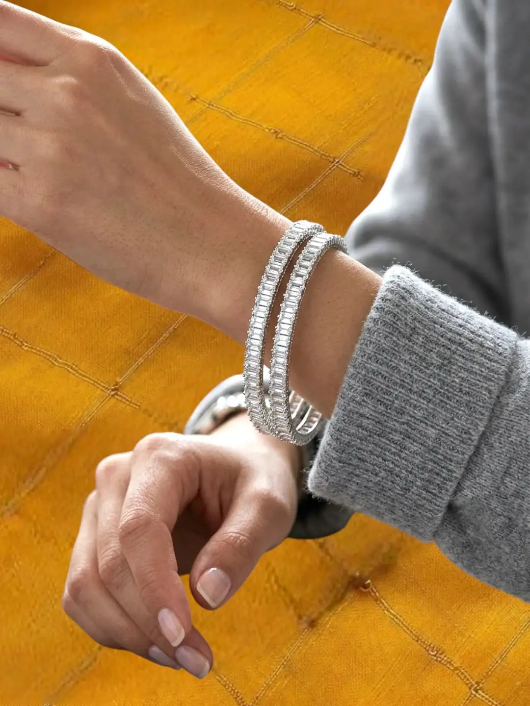 Silver Plated Set Of 2 Baguette American Diamond Kada Bangles