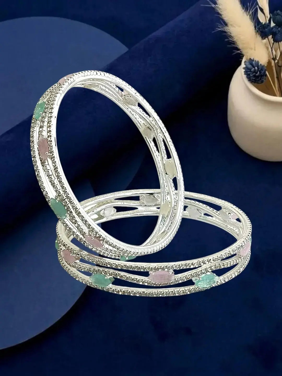 Set Of 2 Silver Plated American Diamond Pastel Bangles