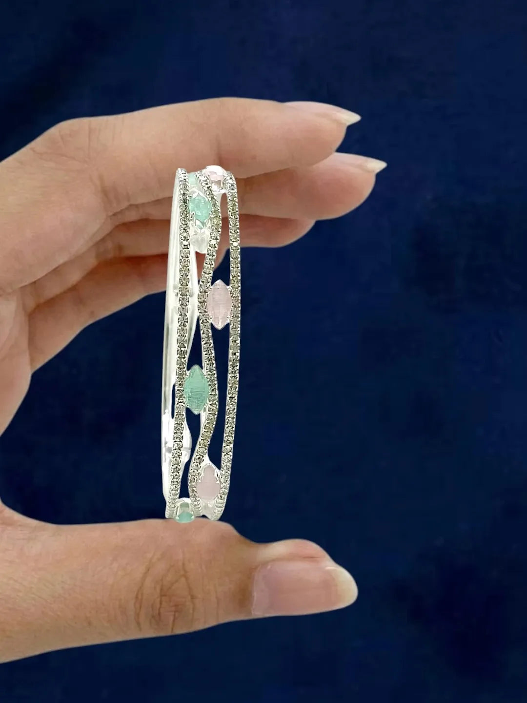 Set Of 2 Silver Plated American Diamond Pastel Bangles