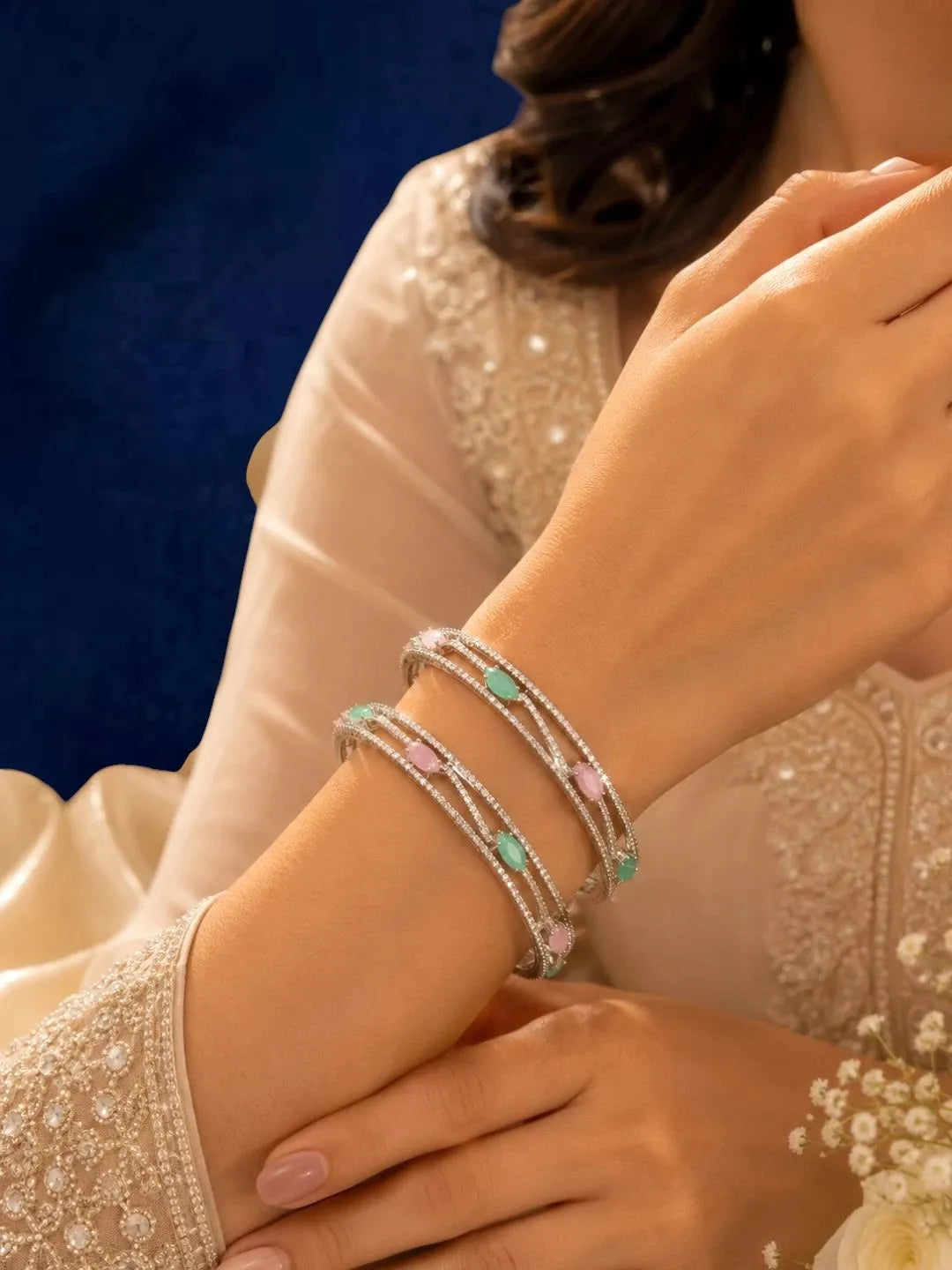 Set Of 2 Silver Plated American Diamond Pastel Bangles