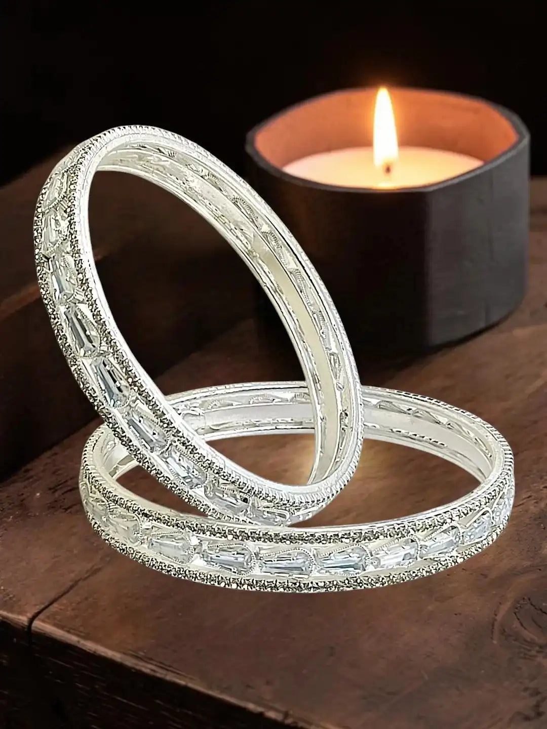 Set Of 2 Rhodium Plated Baguette American Diamond Bangles