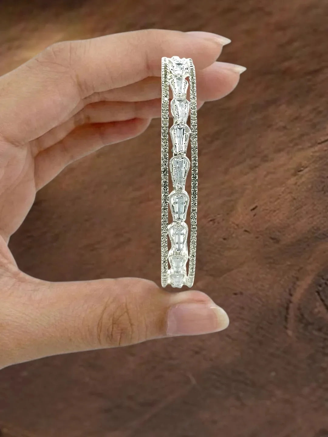 Set Of 2 Rhodium Plated Baguette American Diamond Bangles