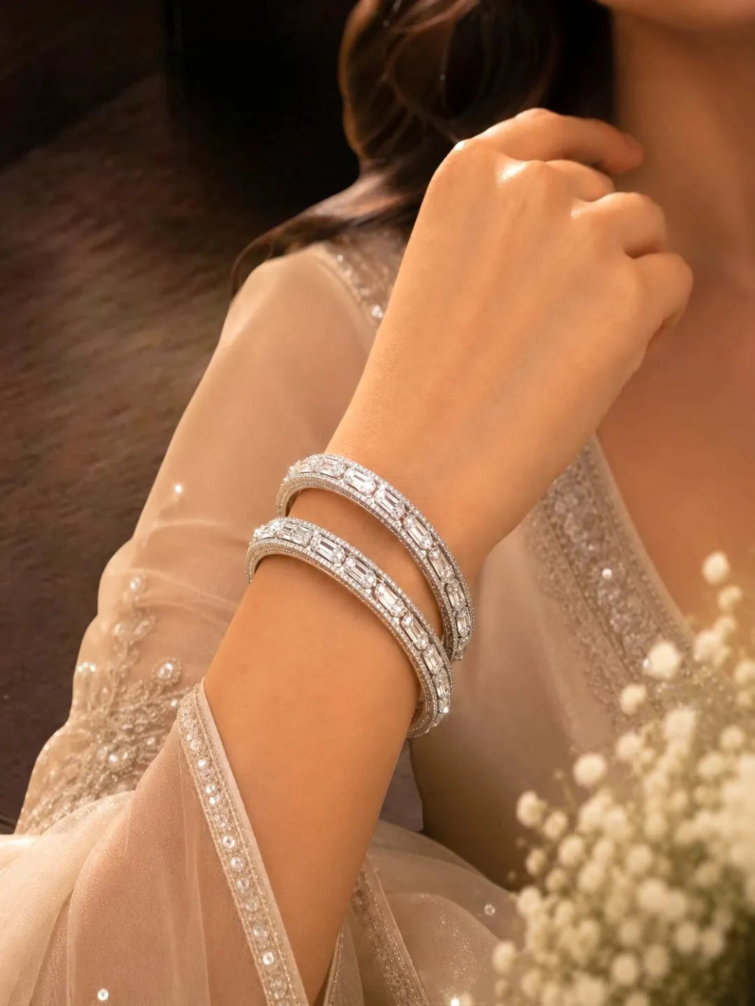 Set Of 2 Rhodium Plated Baguette American Diamond Bangles