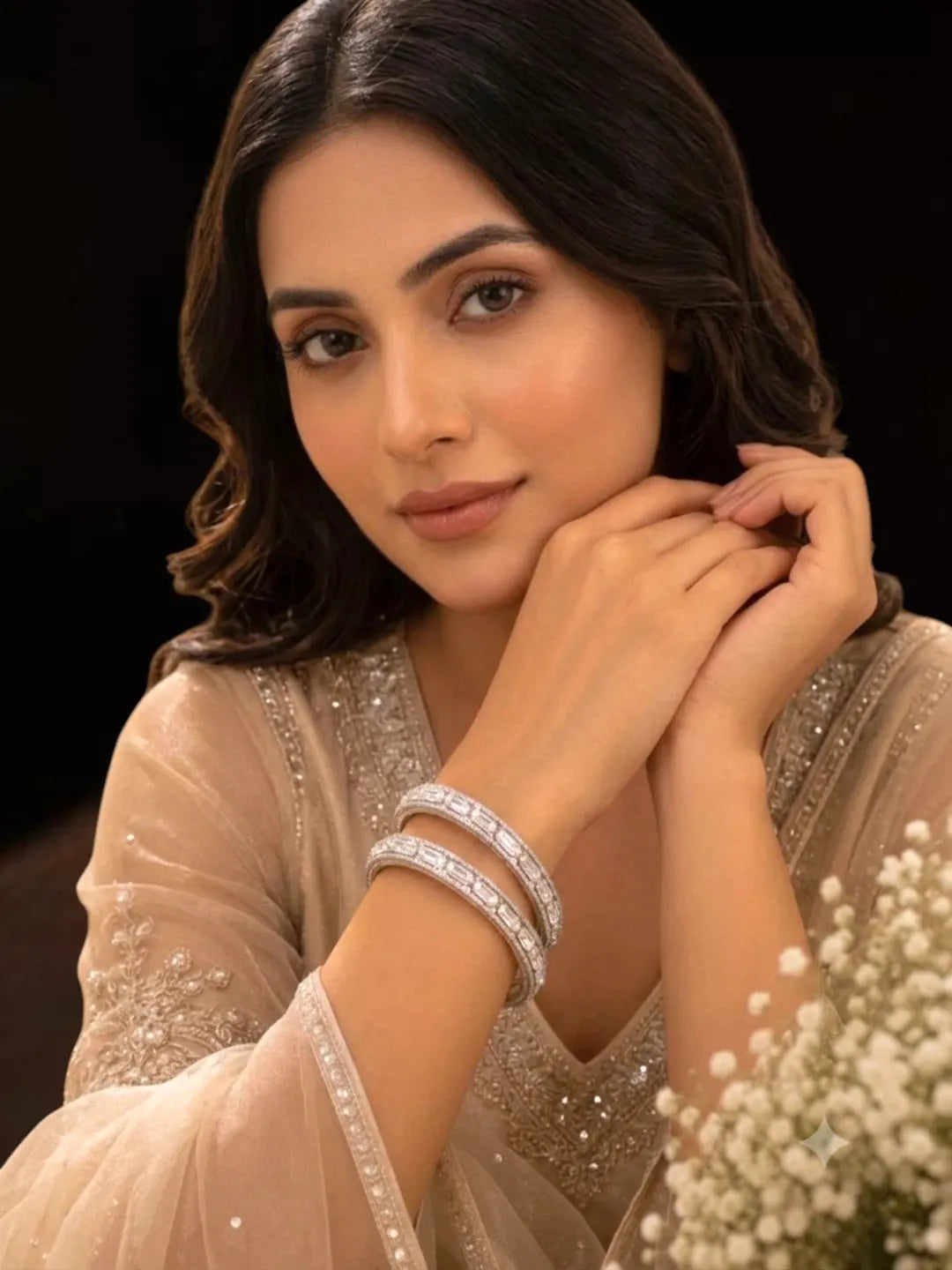 Set Of 2 Rhodium Plated Baguette American Diamond Bangles