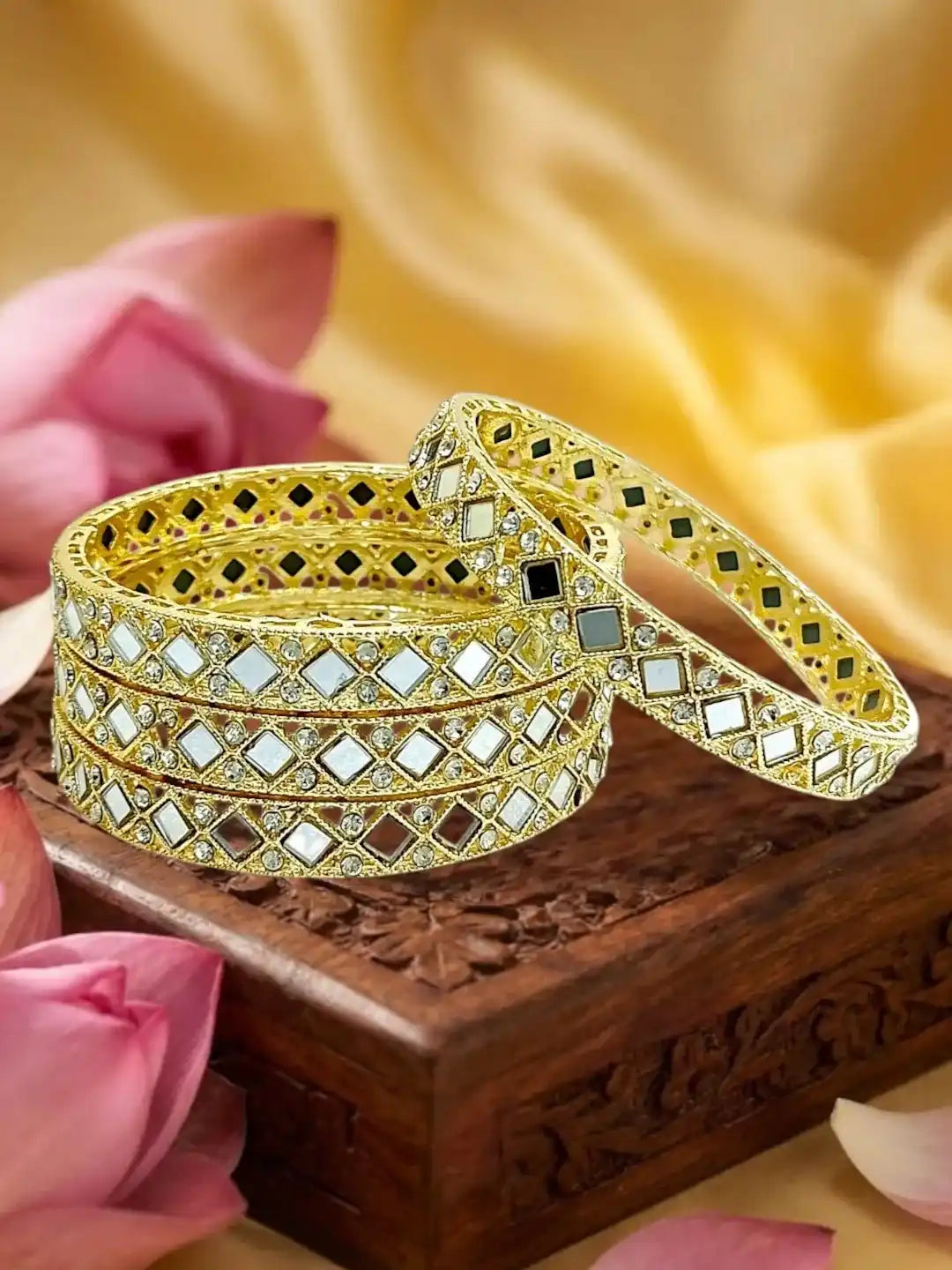 Gold Plated Set Of 4 Square Mirror Bangle Set