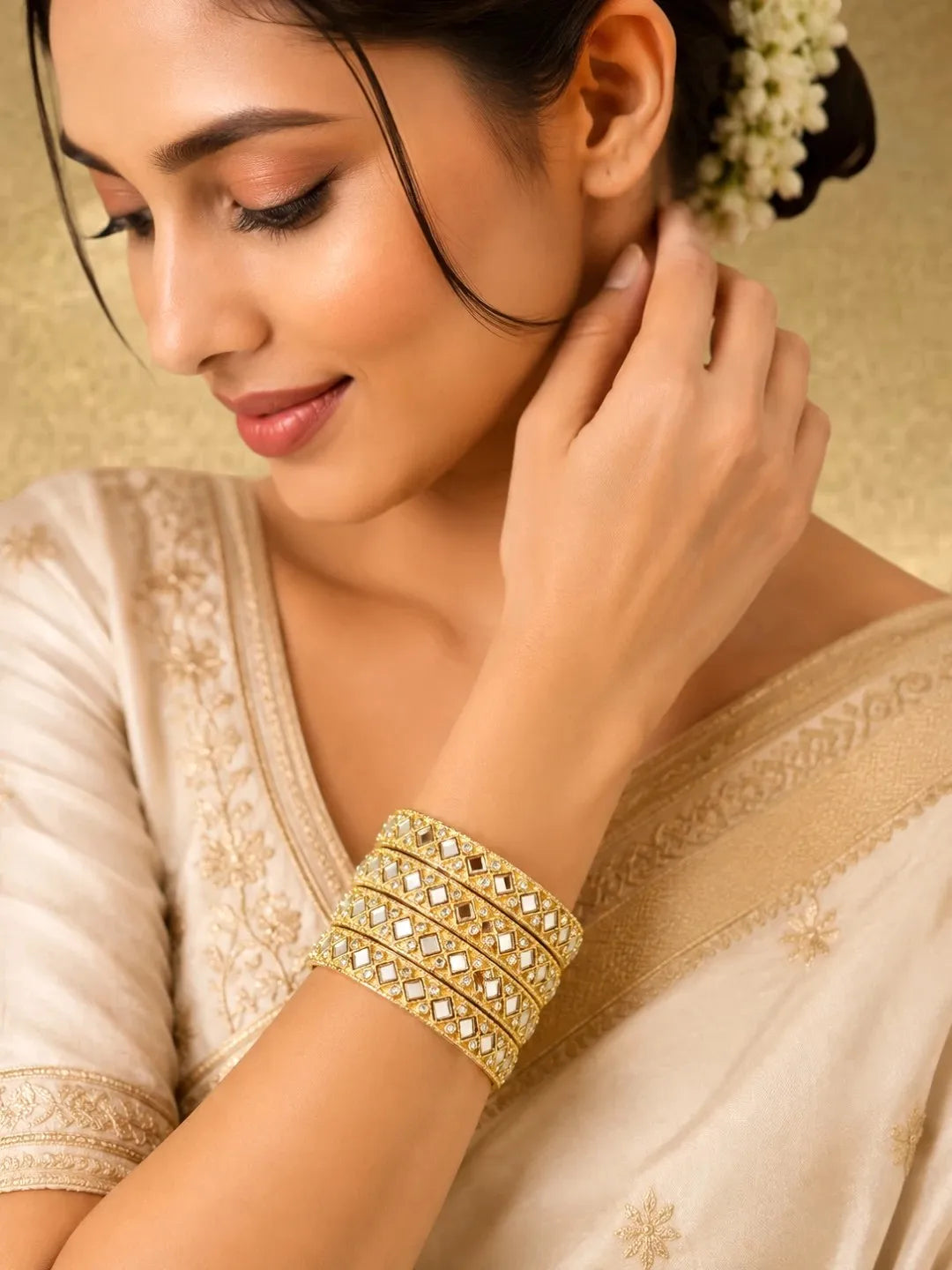 Gold Plated Set Of 4 Square Mirror Bangle Set