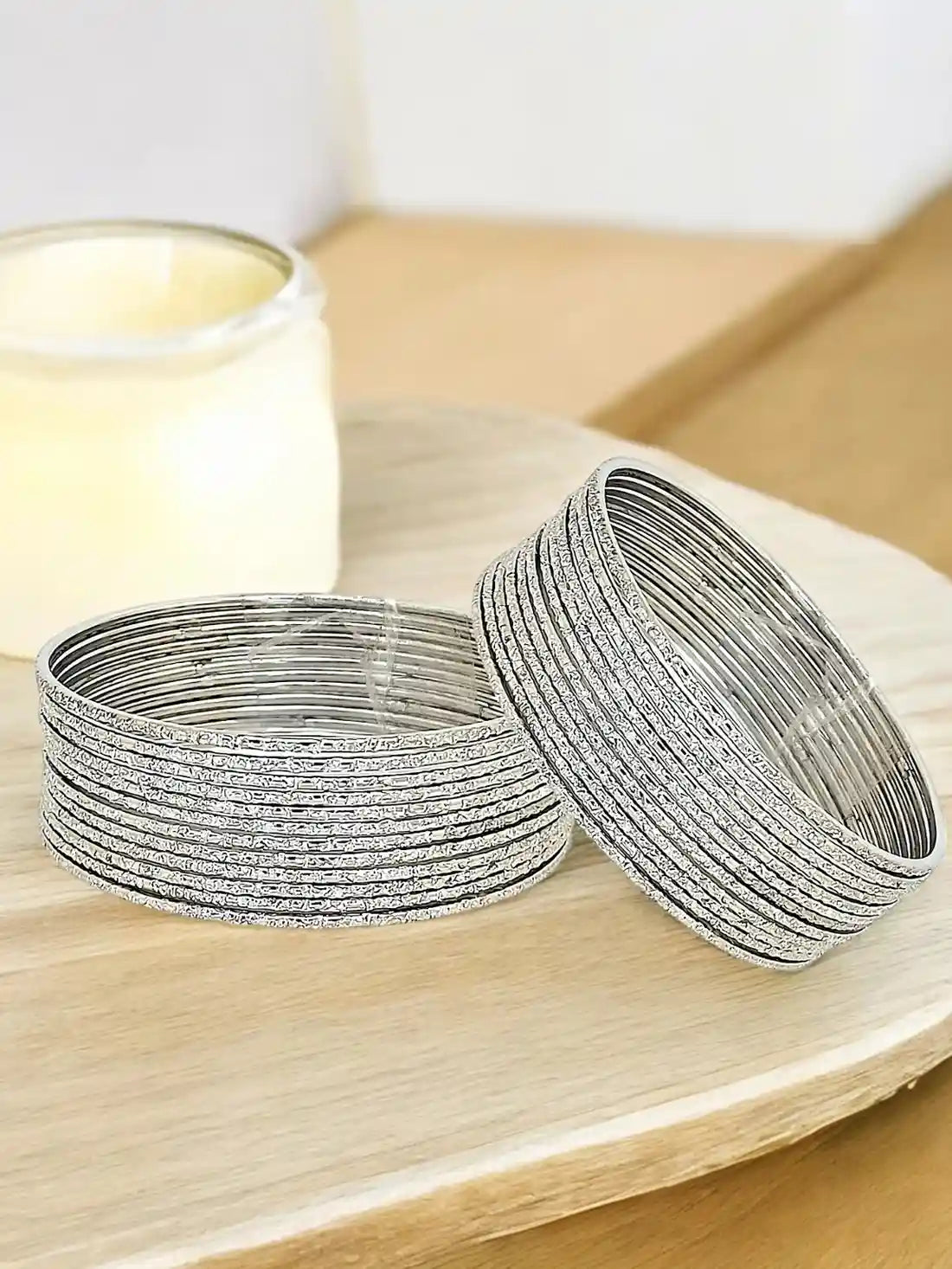 Set Of 24 Silver Plated Minimalist Textured Bangle Set