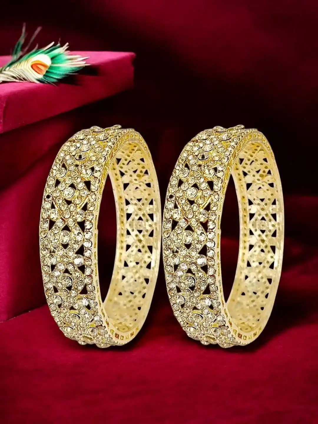 Set Of 2 Gold-Plated Cubic Zircon Stoned Studded Bangle