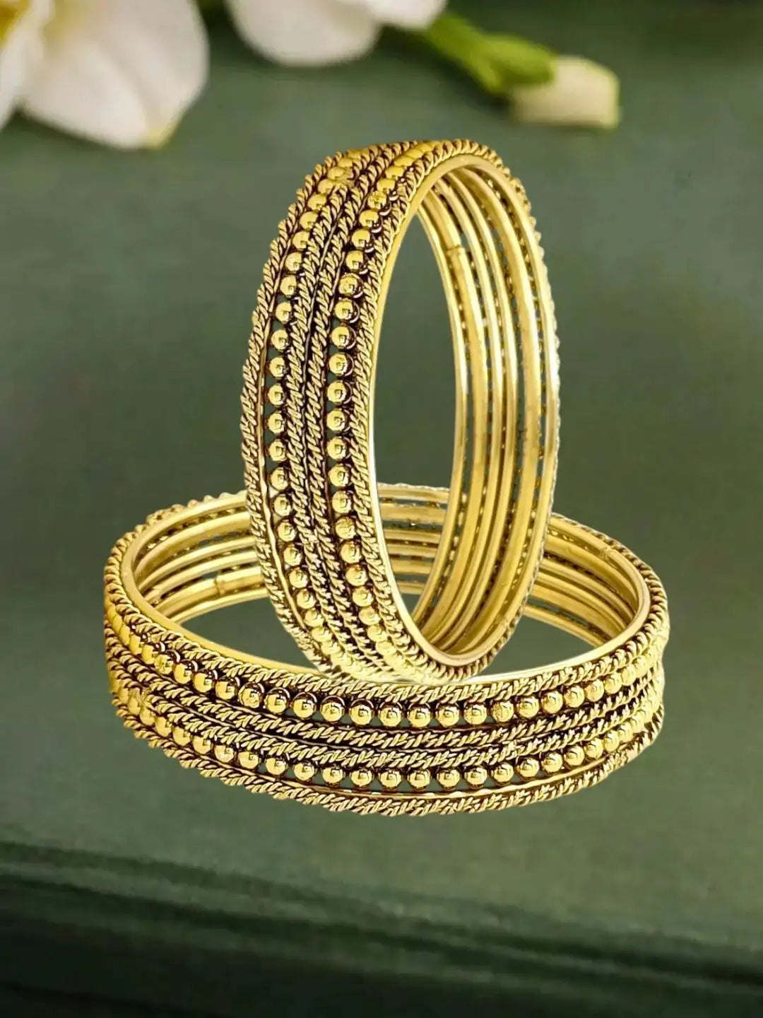 Antique Gold Plated Set Of 12 Beaded Textured Bangles