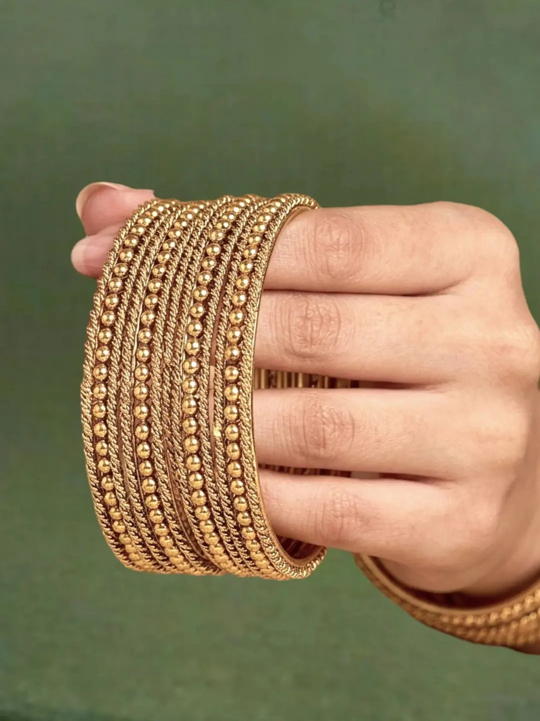 Antique Gold Plated Set Of 12 Beaded Textured Bangles