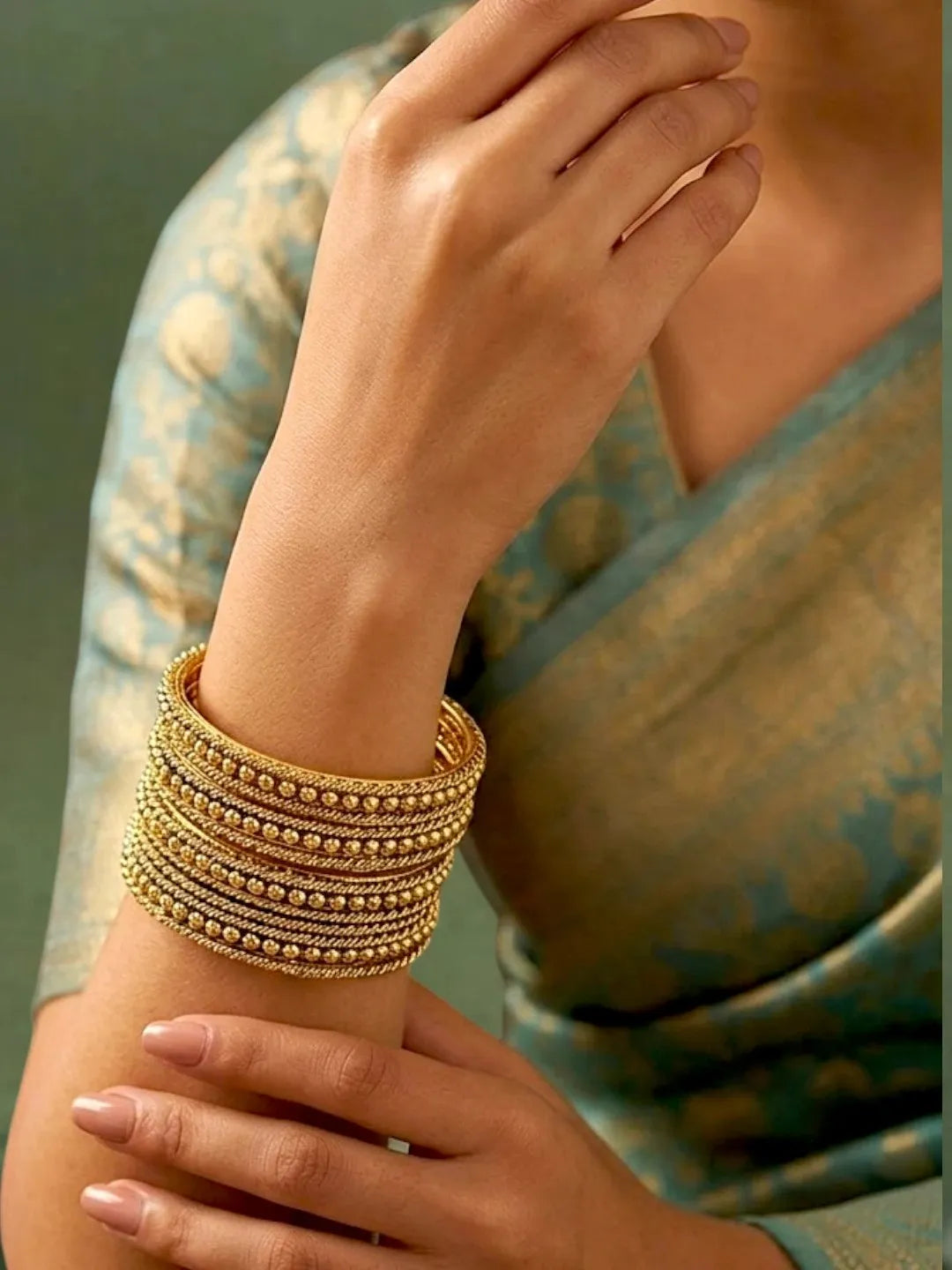 Antique Gold Plated Set Of 12 Beaded Textured Bangles
