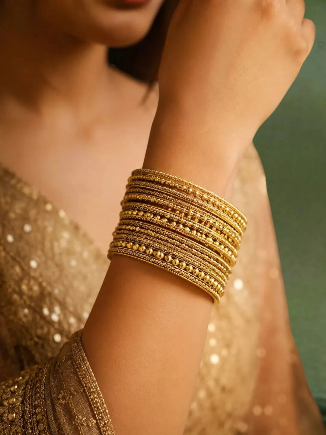 Antique Gold Plated Set Of 12 Beaded Textured Bangles