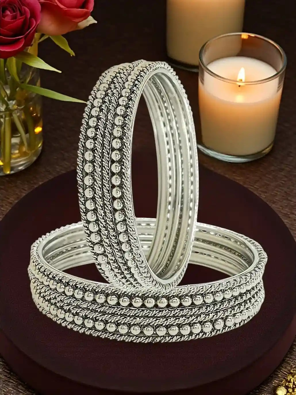 Silver Oxidised Set Of 12 Beaded Textured Bangles
