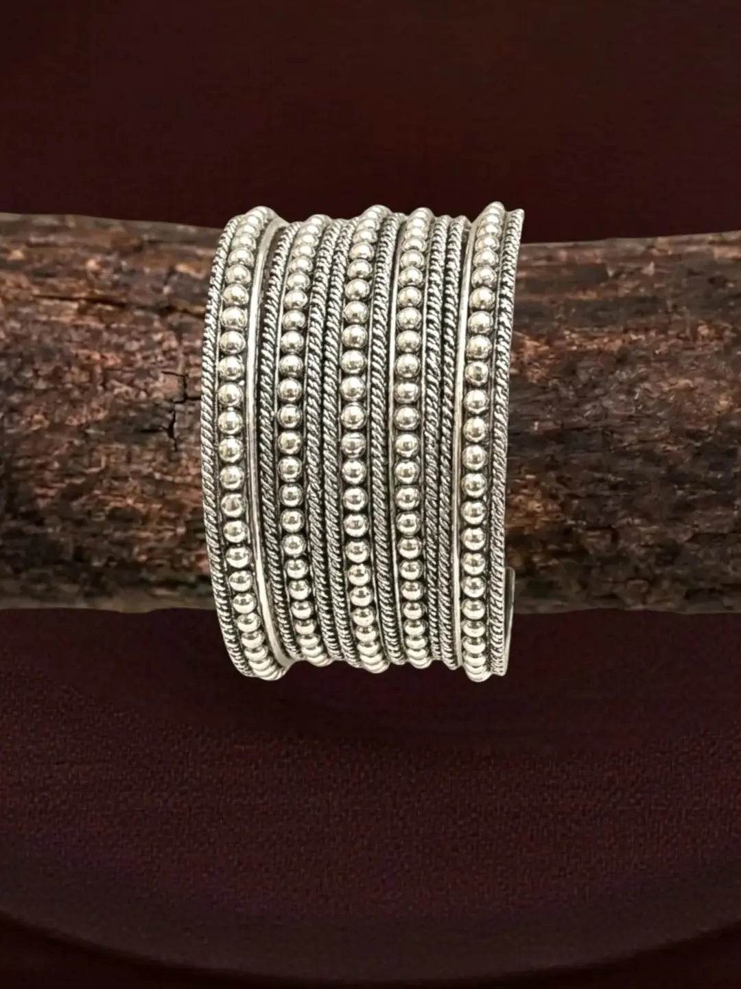 Silver Oxidised Set Of 12 Beaded Textured Bangles