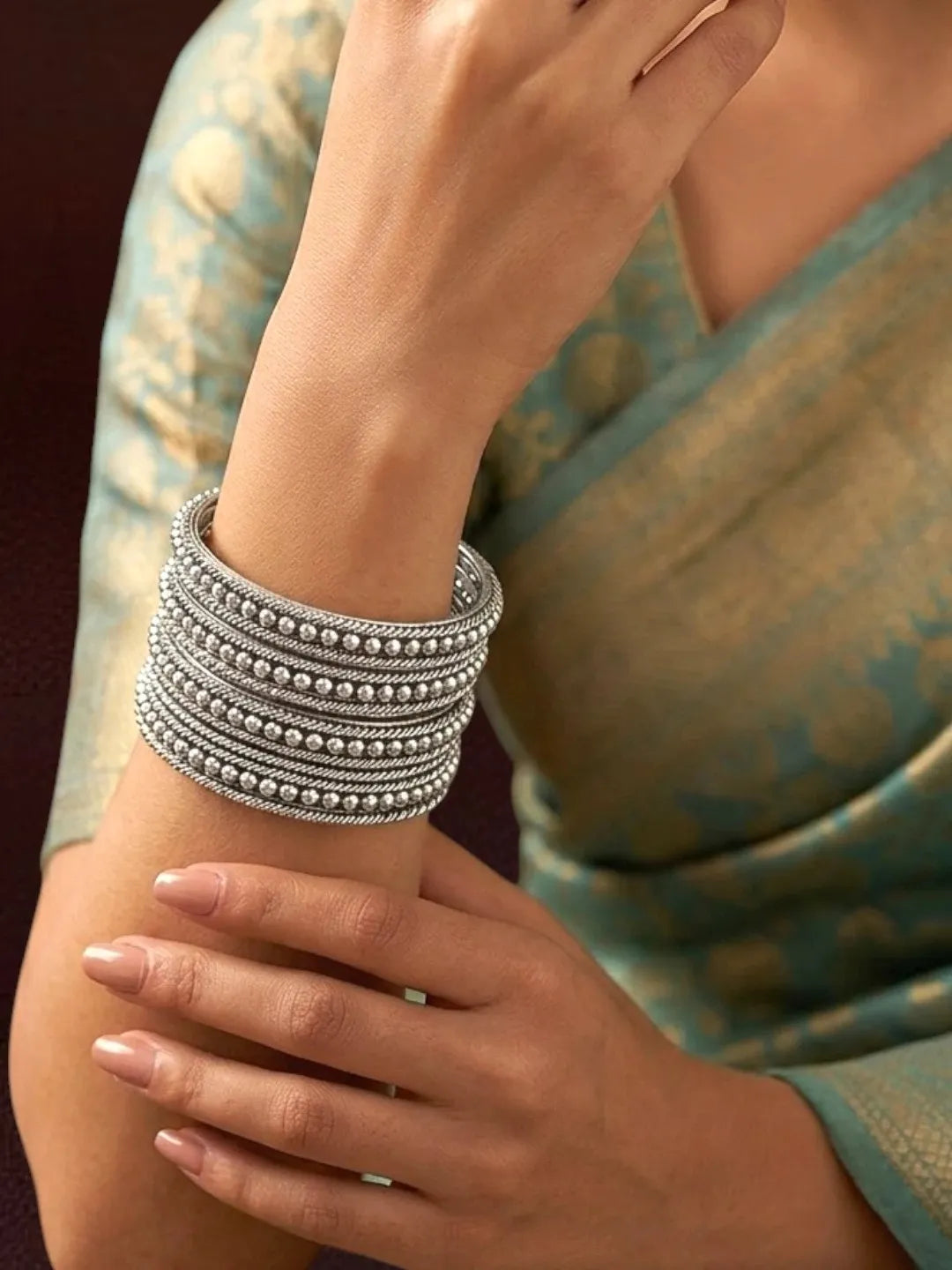 Silver Oxidised Set Of 12 Beaded Textured Bangles