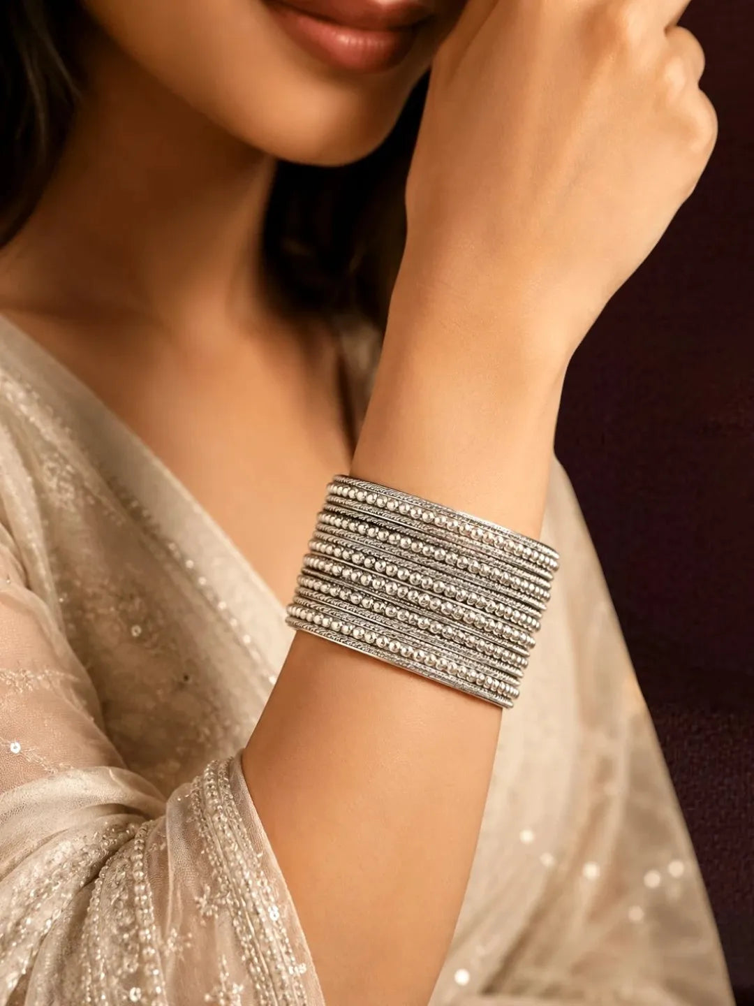 Silver Oxidised Set Of 12 Beaded Textured Bangles