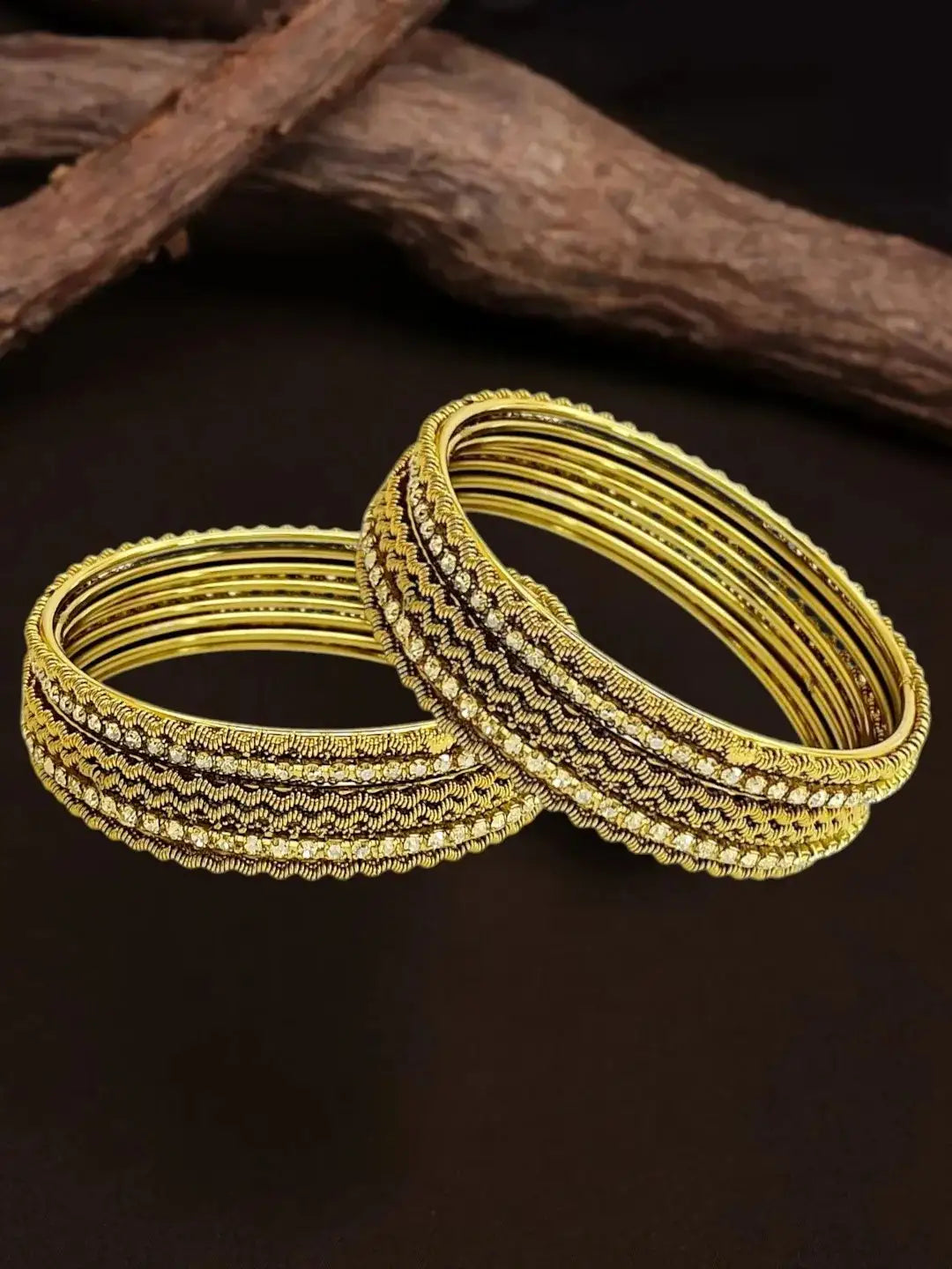Set Of 12 Antique Gold Plated CZ Bangles