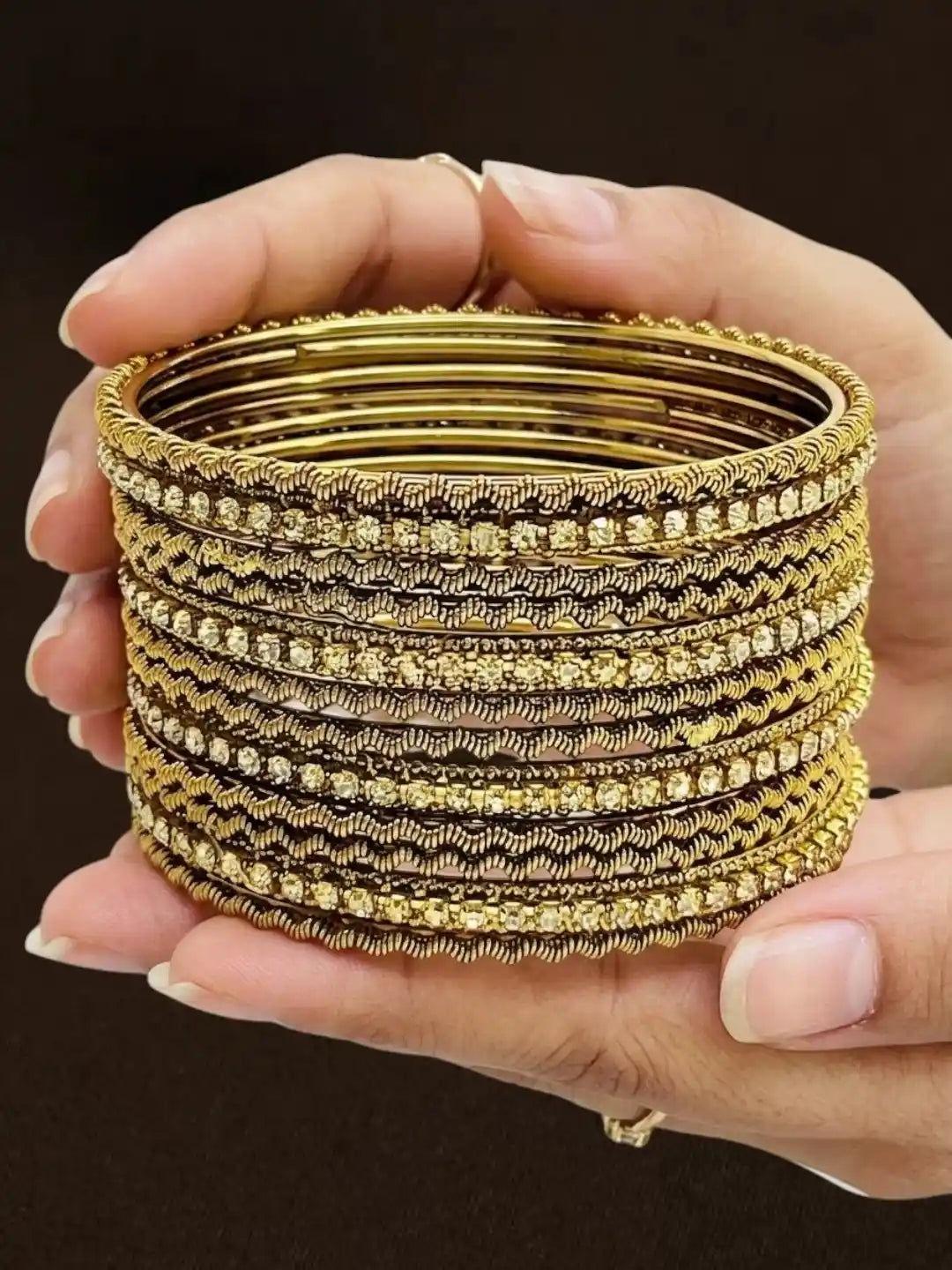 Set Of 12 Antique Gold Plated CZ Bangles