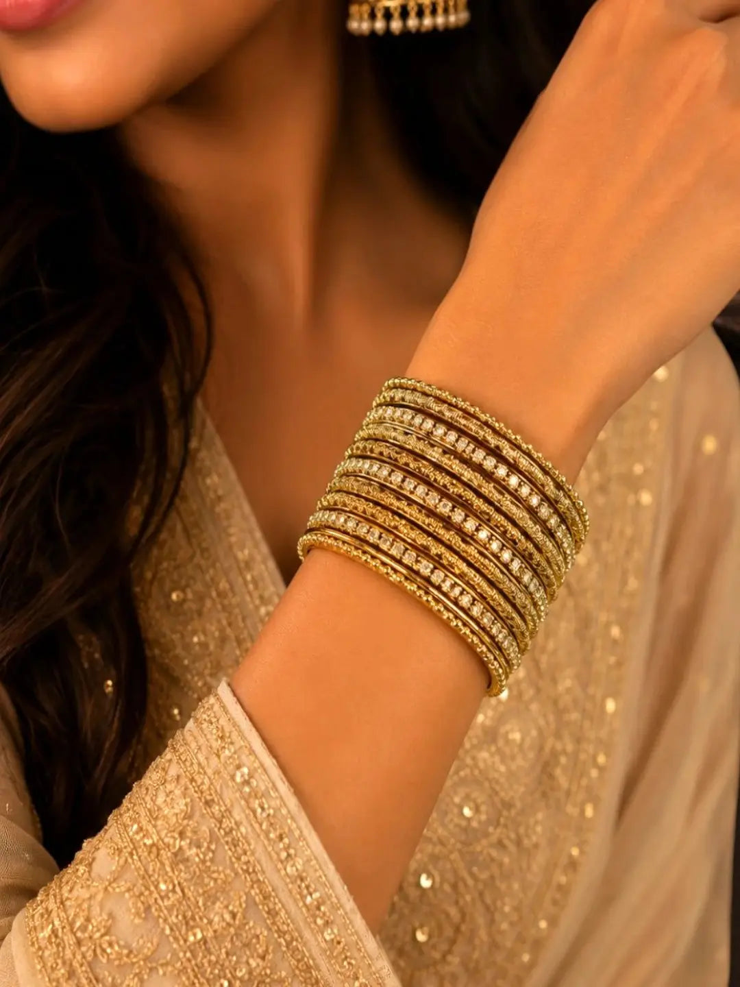 Set Of 12 Antique Gold Plated CZ Bangles