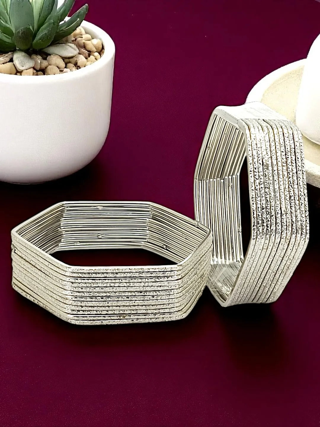 Set Of 24 Silver Plated Hexagon Shaped Bangles-Set
