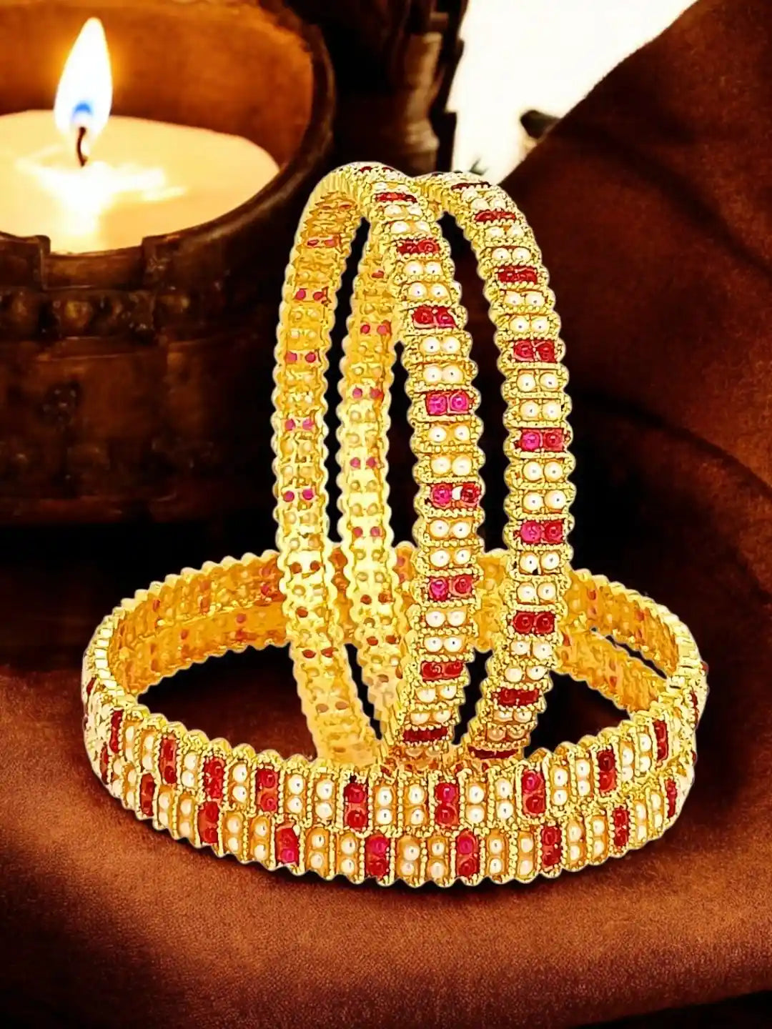 Gold Plated Set Of 4 Traditional Red Stone Moti Bangles