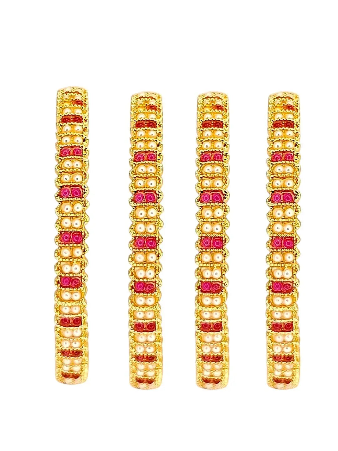 Gold Plated Set Of 4 Traditional Red Stone Moti Bangles
