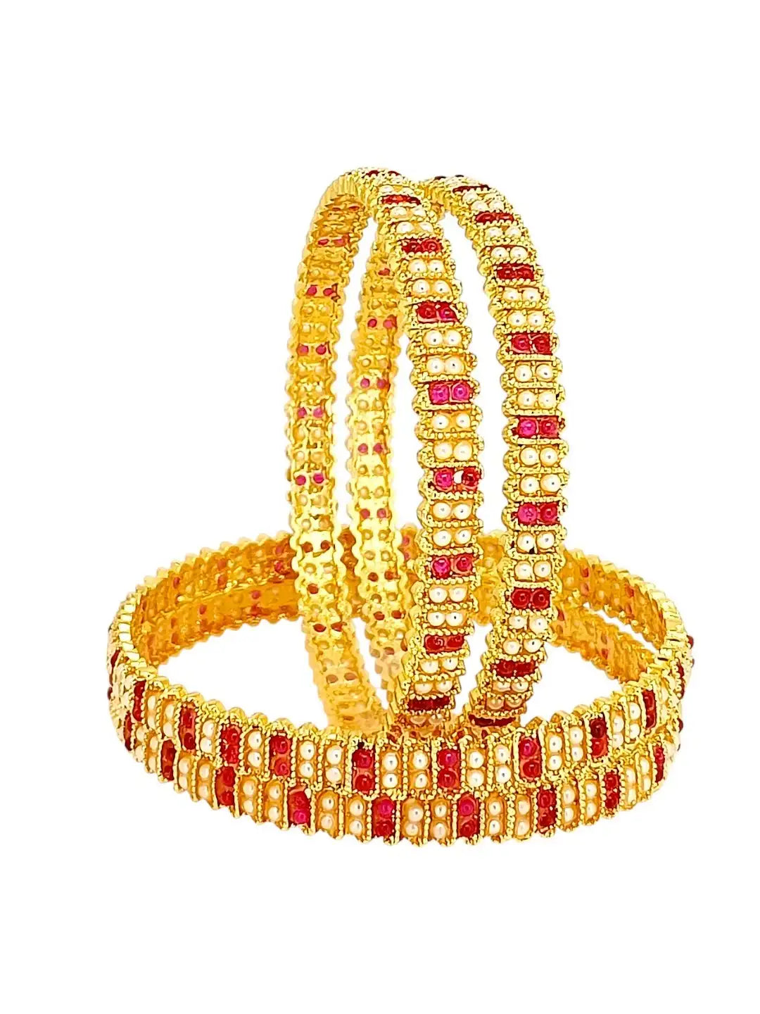 Gold Plated Set Of 4 Traditional Red Stone Moti Bangles