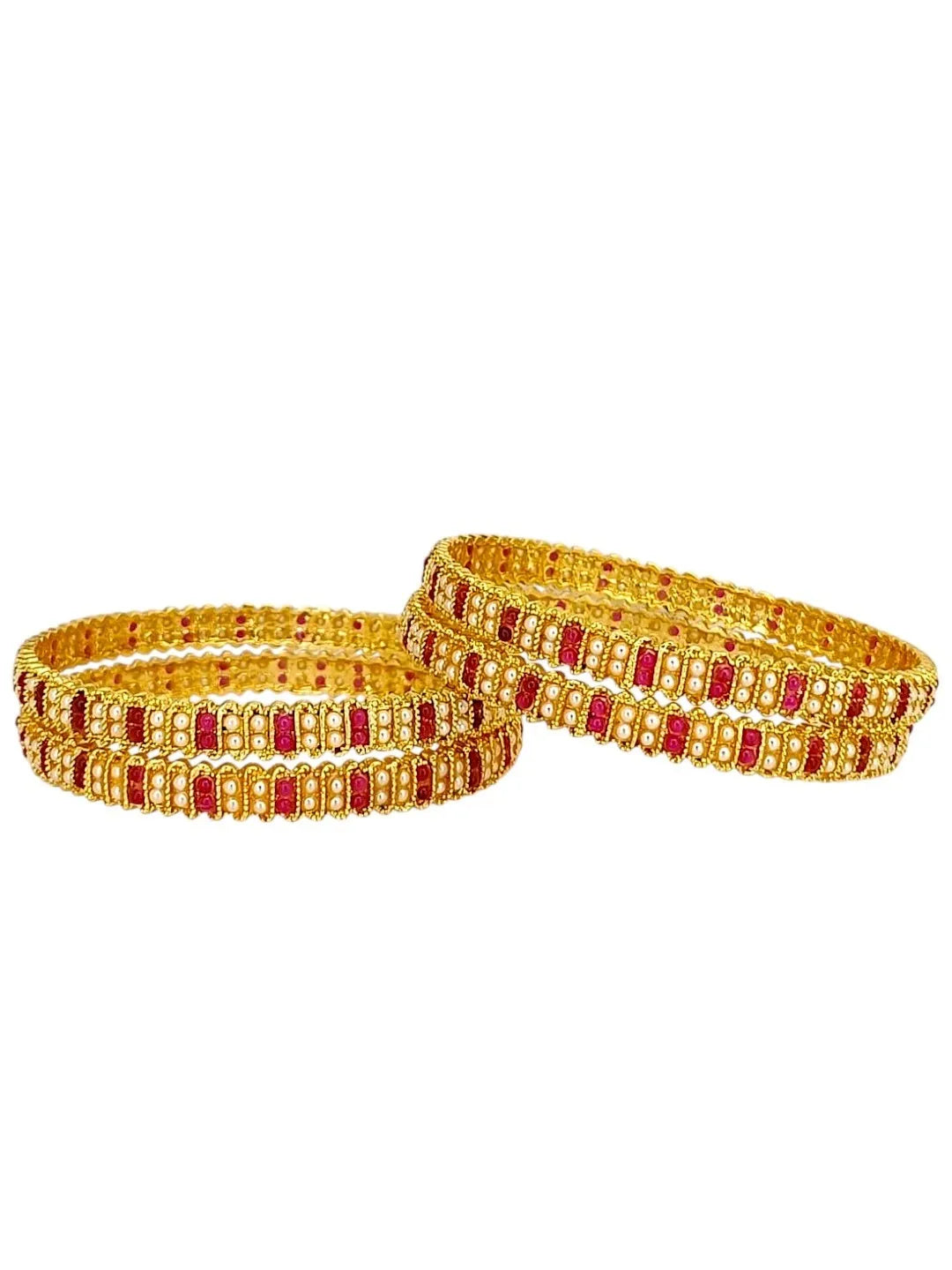 Gold Plated Set Of 4 Traditional Red Stone Moti Bangles